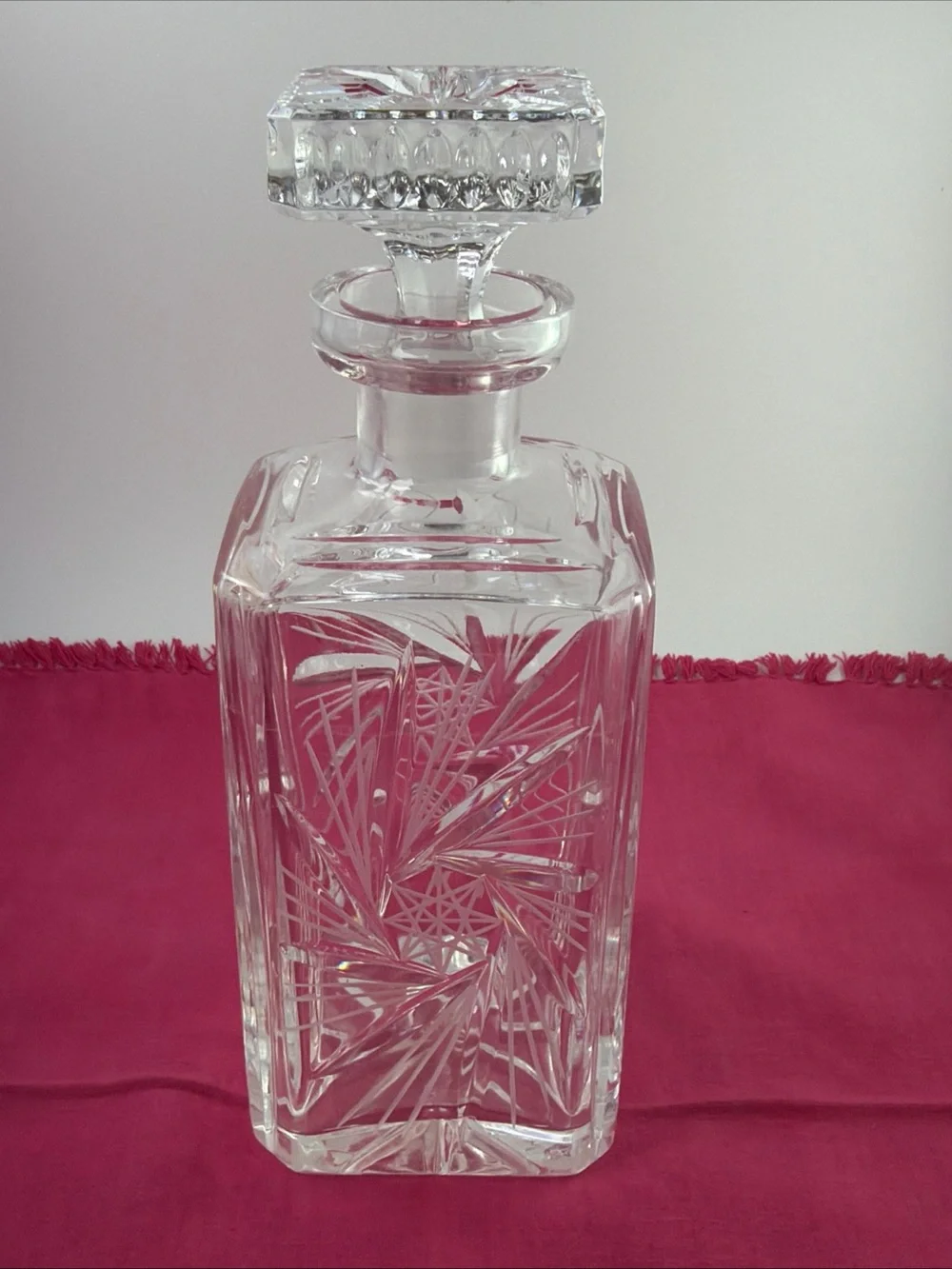 Vintage Clear Cut Crystal Pinwheel Square Decanter with Stopper